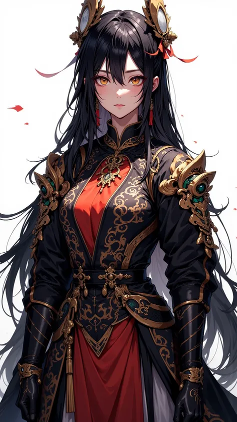  A beautifully detailed 8K illustration ， depicting a person wearing a gorgeous medieval costume、 with long black hair ，Styled for Sinozick ， 32k HD 。Colorful ， with chromecore element ， and flat tone 。 Character with yellow eyes ，The expression was seriou...