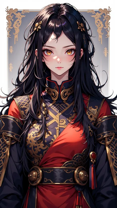  A beautifully detailed 8K illustration ， depicting a person wearing a gorgeous medieval costume、 with long black hair ，Styled for Sinozick ， 32k HD 。Colorful ， with chromecore element ， and flat tone 。 Character with yellow eyes ，The expression was seriou...