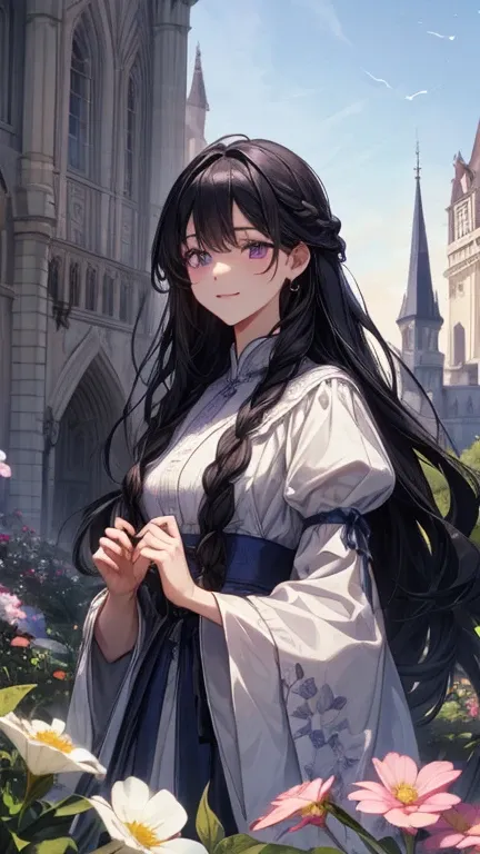    long black hair braided on one side   。  dark purple eyes 
Scene of taking care of flowers in the castle's beautiful garden。 she has a gentle smile 、 The black hair is flowing gracefully 。 wears a gorgeous dress 、Colorful flowers around々Blooming in prof...