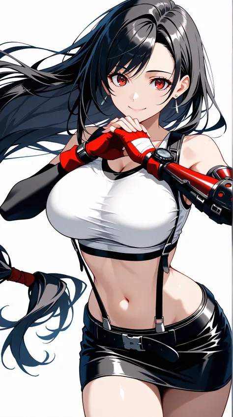  Tifa Lockhart,  Midgar sector 7  ,  1 girl, bangs,  shoulder out, belt, black belt, black  gloves,   black hair, black  skirt by humili, Chest, I clasped my hands,  closed her mouth, clavicle, cowboy shot,  crop top,  earrings, elbow  gloves, fingerless  ...