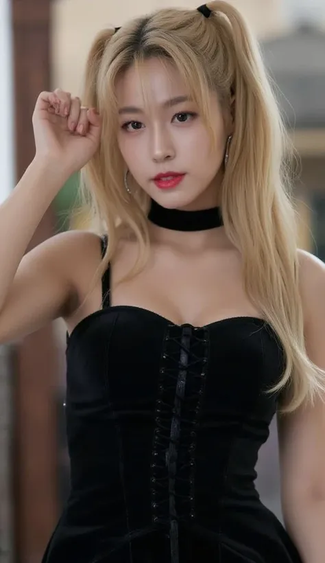 Seolhyun, Blonde long twintails, misa amane,
She wears a gothic black dress and a choker, hoop earrings, makeup, Masterpiece, High Resolution, Accurate, High Details, Textured Skin, photography, Platform high heels, Realistic. Photography, Cinematic, Prett...