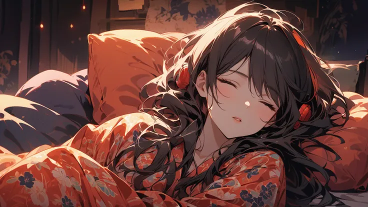  girl wearing headphones、 relax and sleep in bed、 black hair、 one girl、 eyes closed、The background is night、Japanese pattern pajamas 