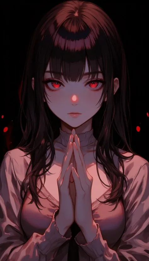  1 woman , front,  Cool Expressions ,  long hair, bangs,  small breasts, Hold hands as if praying on the chest,   red eyes, 髪のcolorは中央で黒colorと金colorの２colorに分かれている,  has a black background１color,  Suspicious Expressions ,  sharp eyesight