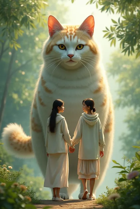 An Indonesian woman wearing a white hoodie and skirt walks hand in hand with a giant cat.