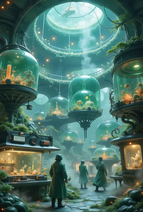 Secret Laboratory, Hidden Underground Facility, Dimly Lit with Flickering Neon Lights, Mysterious Scientific Equipment, Glowing Test Tubes and Vials, High-Tech Consoles with Holographic Displays, Large Glass Chambers Containing Unknown Creatures, Suspended...