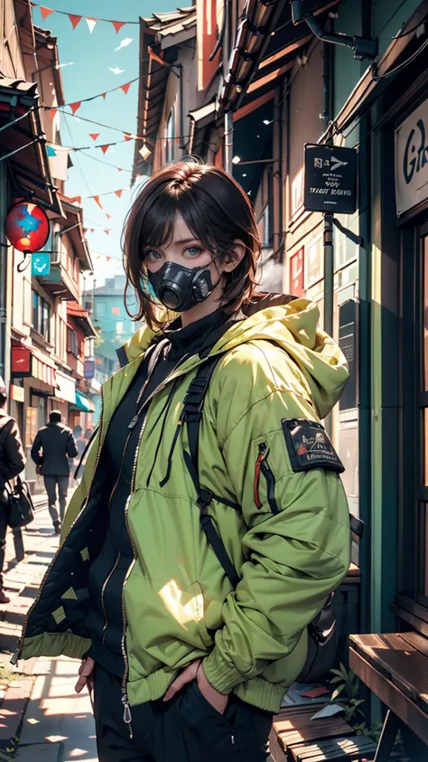 ( super detailed), ( Masterpiece), ( top quality), ( very detailedCGユニット8K壁紙), a man in hazmat gas mask suit exploring Abandoned city, Continue on your path, , Abandoned, (Green Sky), Ignored, dawn,  Concept Art, ( small growth of tiny glowing fungi, roots...