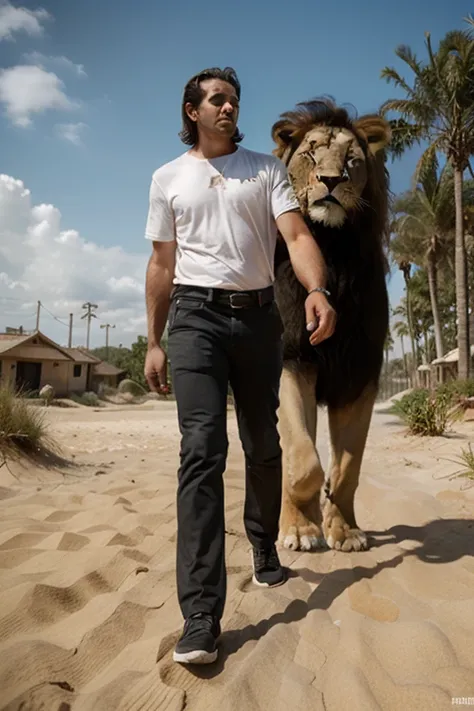 Walking with a big lion on a sandboxa tall man 172 weighing 65kg 