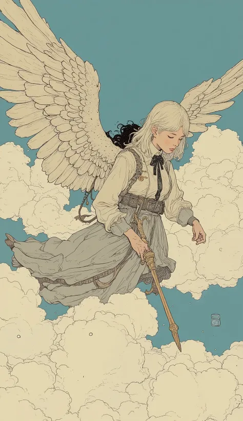 Illustration of a woman with wings flying in the sky , Demizu Posuka, jc leyendecker and Sachin Ten, Man with wings, Sachin Ten, Cloud Goddess,  inspired by Joseph Christian Leyendecker, Young Harpy Girl , by Yoshihiko Wada, Winged Victory!!!,  Inspired by...