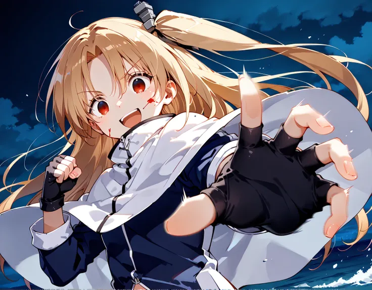 score_9, score_8_up, score_7_up, source_anime, 1girl, solo, upper body, P3P3_PUNCH, fist, cleveland_azurlane, cleveland (azur lane), red eyes, long blonde hair, side ponytail, hair ornament, white capelet, blue jacket, fingerless gloves, BREAK
evil smile, ...