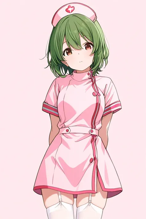 1 person、Full-body standing photo、human、Hair that bounces sideways、Short Hair、 green hair、 Pink Nurse Clothes 、white thigh free stockings、Thighs are bare skin、 no background