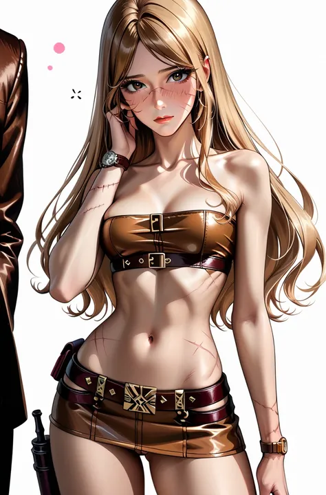 NSFW,nude:2.0, Japanese beautiful girl ,(It's 1 ),(Nude Queen Emeraldas),( slender body),(Scars on face:1.5),( sad),real skin ,small breasts,  blonde, Super Detailed Black Eyes, lean in,(brown leather holster belt on bare waist:1.5),(Watch on wrist:1.5),( ...