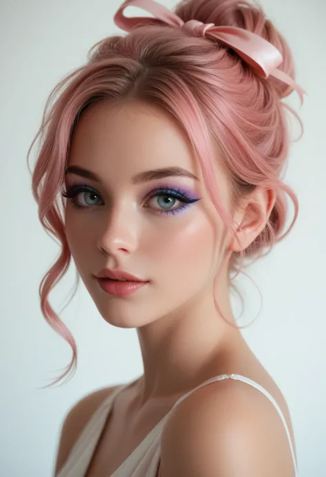 A close-up portrait of a young woman with a neat bun adorned with a pink hair ribbon, soft wisps of hair framing her face, natural makeup highlighting her luminous skin and large eyes, captured in bright, even lighting against a plain white background, emp...