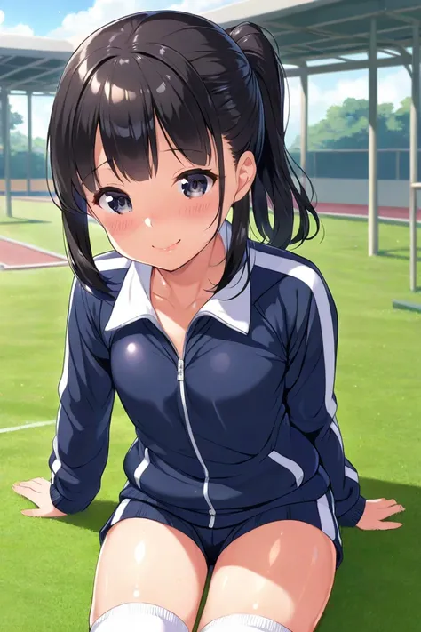 cute, girl, , 6th elementary school student, black hair, Bob-Half up-short ponytail, (Short), ((school track suit)), white knee-high socks, medium bust, (((shiny skin))), blush, smile, (((Loli))), see-nipples, school ground