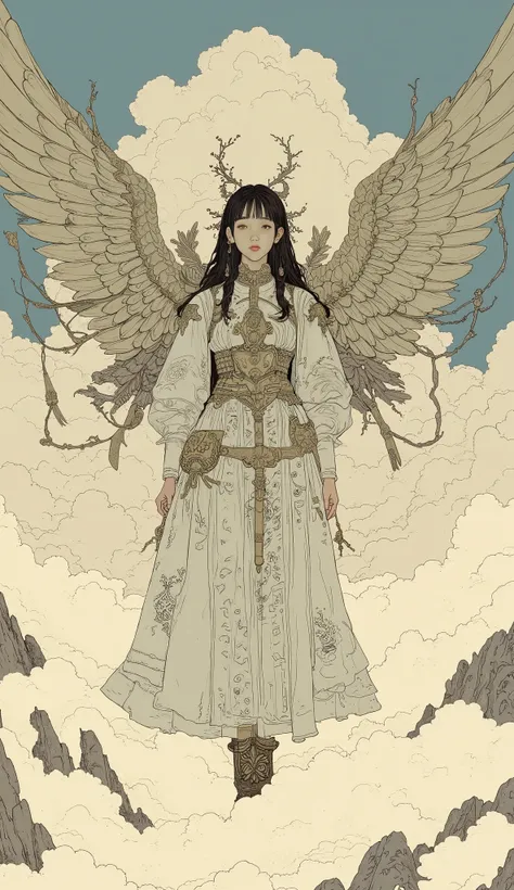 Illustration of a woman with wings flying in the sky , Demizu Posuka, jc leyendecker and Sachin Ten, Man with wings, Sachin Ten, Cloud Goddess,  inspired by Joseph Christian Leyendecker, Young Harpy Girl , by Yoshihiko Wada, Winged Victory!!!,  Inspired by...