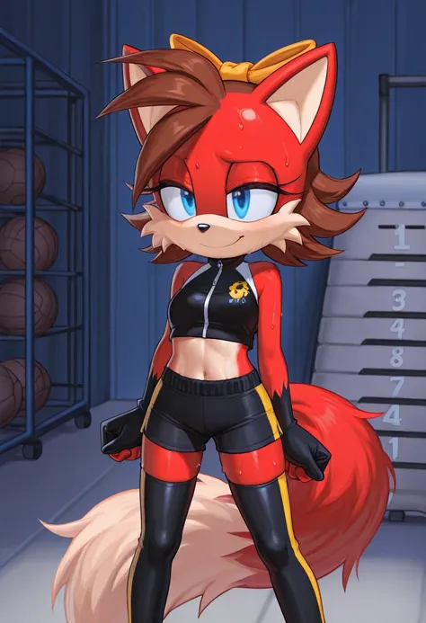 4k, perfect quality, 1girl, Fiona The Fox, Sonic, sweat, crop top, shorts, thigh highs, alluring smile, standing with legs spread out, gym storage room,