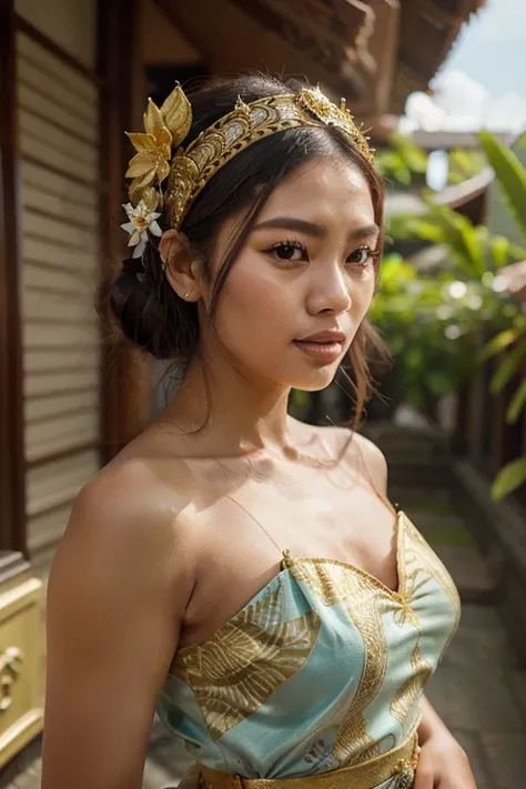 A Southeast Asian woman with delicate features and a graceful expression, wearing a traditional Balinese outfit rich in intricate details. She is dressed in a vibrant kebaya with fine embroidery, paired with a beautifully wrapped batik or songket sarong. H...