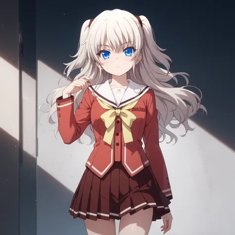 nao tomori, long hair, blue eyes, two side up, school uniform, serafuku, long sleeves, red blazer, red skirt, pleated skirt, white sailor collar, thigh gap, glossy skin, glistening skin, looking at viewer, Tempting body