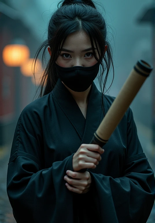  (((Female ninjas in the Edo period))),  (( perfectly beautiful 20-year-old Japanese female ninja)),  (((A mask only visible to the eye))), ((( upper body picture))), ((( Mad Max holding a shotgun))),　(((I have a secret scroll))), (((強烈なインパクトの Masterpiece写...