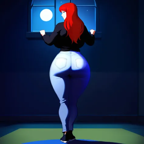 score_9, score_8_up, score_7_up, score_6_up, score_5_up, score_4_up, BREAK, 1girl, MJ, freckles arcoss face, blue eyes, dark red hair, long sleeve black shirt, dark blue long jeans, blue black shoes, long straight hair, 1girl, ((huge breasts, huge butt, th...
