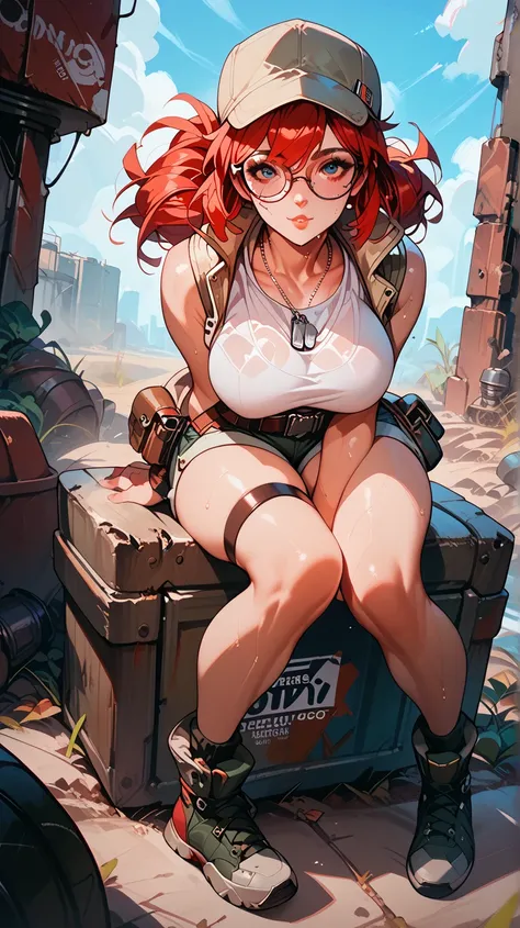  Sexy Fio Germi, UHD, with glasses, con dog tags, cap,  Redhaired , in a wasteland,  big breasts ,  sexy pose, thigh strap, About a tank, sweating,  of foot, bend over, full body, head between the legs,