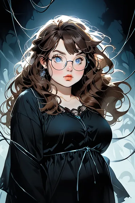 A young woman, wears a black nightgown.Has very long, brown hair with thick curtain bangs and her hair goes down her back, Light blue eyes, and round black wire frame glasses. Is relatively short, stands at about 5'2. Face is alittle round and is midsized/...