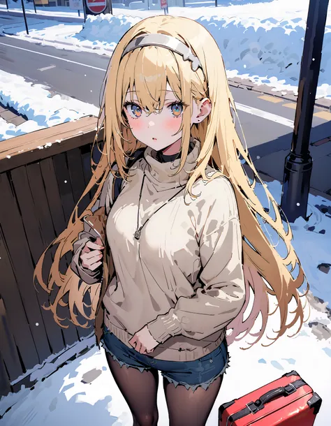  Eyes Wallenstein,  Eyes Wallenstein, Alone,  blond hair left and right,  , white hair band , long hair,  yellow eyes,White Down Coat ,blue scarf , open your mouth, White Breath,( sweater  :1.2),(  turtleneck:1.2), denim micro shorts ,black pantyhose, suit...