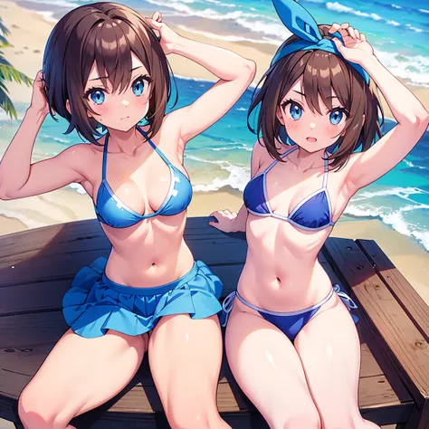   in the seat,  May Pokemon , Blue Bandana,   brown hair,   lowering short hair to shoulders ,   blue eyes,   Pose with your arms raised and in a blue bikini, Chest,  ,  thighs,   beach , 