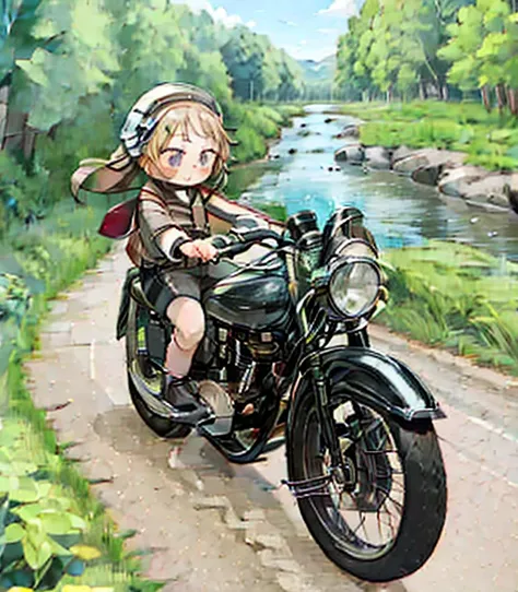  top quality、 girl riding a vintage motorcycle、 dark brown shortcuts 、leather jumper、Cronwell Helmet、With goggles、 Japanese Countryside Scenery、Kawabe road、Small Stream、Dirt Track、 weeds grow on the side of the road 、 blue sky、Cotton clouds floating 、Early...