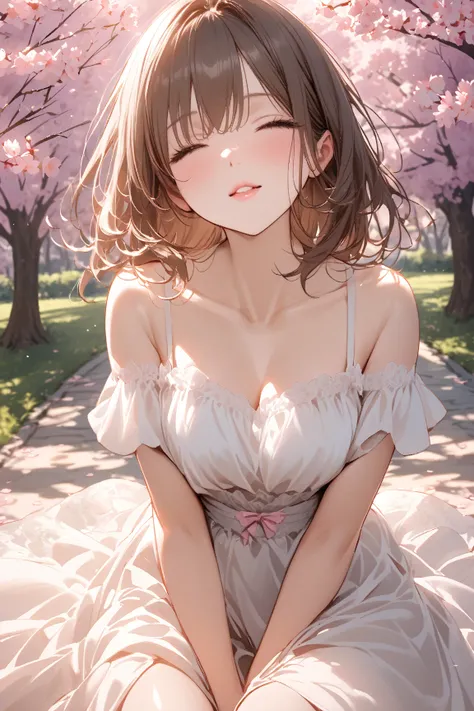 	's greatest masterpiece、A stunning young woman depicted from the chest up in a park during cherry blossom season.
	•	Soft pink petals are swirling in the air, creating a dreamy and romantic atmosphere.
	•	She tilts her head slightly upward, her face turne...