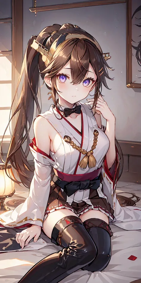   Kantai Collection Kongo   , black,   stupid hair  ,    brown hair, Double good,    bun hair,    headband ,    headgear,    long hair, (      purple eyes:1.1), 
BREAK BOOTS,   sleeveless,    kimono,    Untraditional Priestess   ,  ribbon trim   ,  ribbon ...