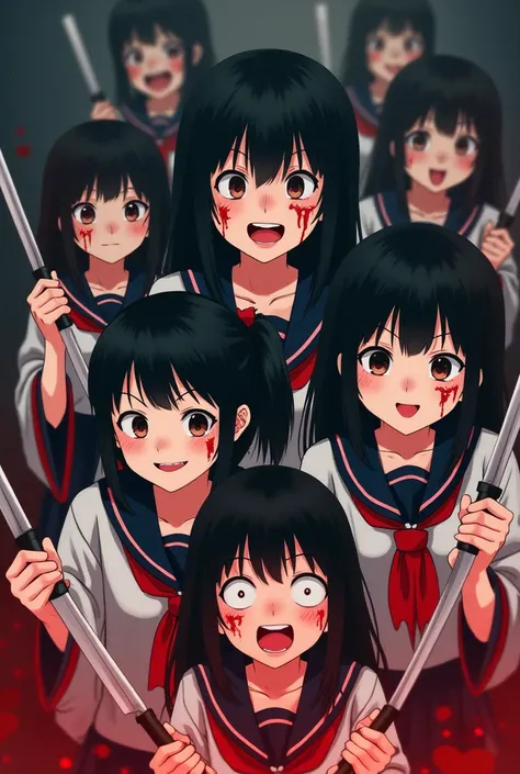 Girls, wearing Japanese school clothes, smiling face, red eyes, bound hair, black hair, knife holding, bleeding face