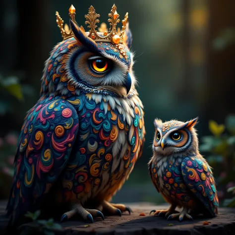 An imposing owl adorned with colorful Swirling patterns with a shining crown on its head, full body, Next to a baby owl covered in Swirling pattern High Resolution, High Resolution, Anatomically Correct, Accurate, Best Quality, Super Detailed, UHD, Depth O...