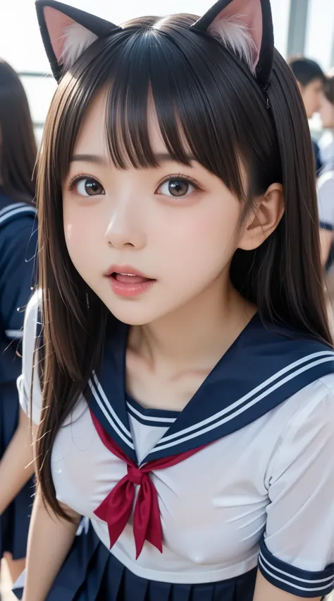 (((( Japanese Sailor Girl Middle School Student、round face、 sailor collar 、 Pleasant face、 Staring at the Audience))))、、((( open your mouth )))、Close-up chest、Overview、 Navy Blue School Swimsuit 、 Navy Blue Ruffle Skirt、sailor red ribbon、Cat ears,  cute hi...