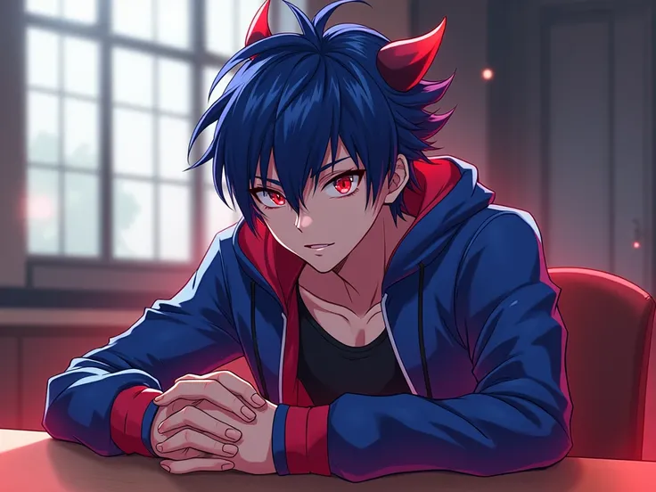 1 male oc 16 ans beaux gosse menaçant sauvage de l'anime inazuma eleven victory road
cheveux bleu and rouge form dragons 
yeux rouge et noir ecarlate stylé artificiel.
uniform  de sport bleu et rose 
regard demoniaque.
ressemble a gangster.
il es dans lycé...