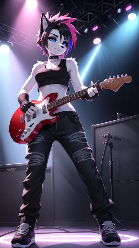 furry girl, dog, multicolored hair, pink hair, black hair, mohawk, makeup, black eyeshadows, blue eyes, ((fingerless gloves, black rock jacket, open clothes, tank top, midriff, pants, shoes)), instrument, guitar, electric guitar, narrowed eyes, detailed bo...