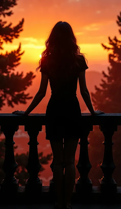 
A young woman is standing backwards on a balcony with a luxurious Western-style railing　The hair is long and wavy　Wear a slim dress　The background is beautiful and mysterious with an orange sunset sky　Surrounding trees々Has a black silhouette　Generate fant...