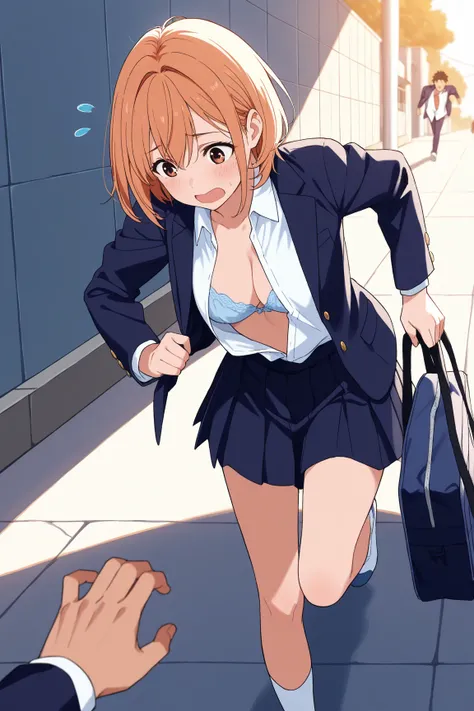 1girl, 1man, A girl holds a guy's hand and pulls him, blazer, pleats  skirt, running, flying sweatdrops, has school bag, morning, street, Block walls, wide view, dressing, half undressed, open shirt, bra, panties, score_6, score_7, score_8, source_anime, 