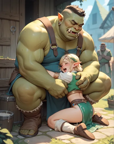 Fantasy, petit elf raped by a elect loincloth orc , (sex:0.05) , (cum:0.8) , (clothed elf) , male orc only village , loosebody , ugly face , (cunnilingus:0.8) , hug