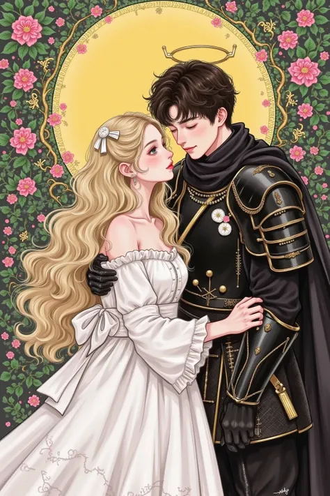 war vow, blonde girl in white, dark-haired man in black armor, golden moon, golden halo, blooming flowers, anime style, fantasy art, oil painting, ink drawing, concept design, Greg Rutkowski, intricate details.