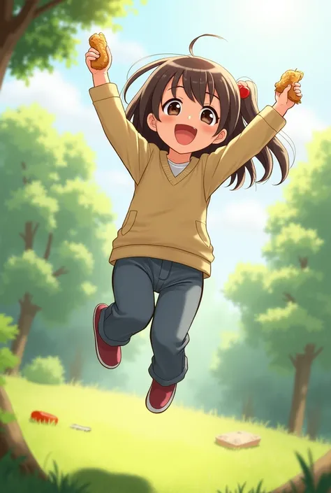 Eating food girl jump in air