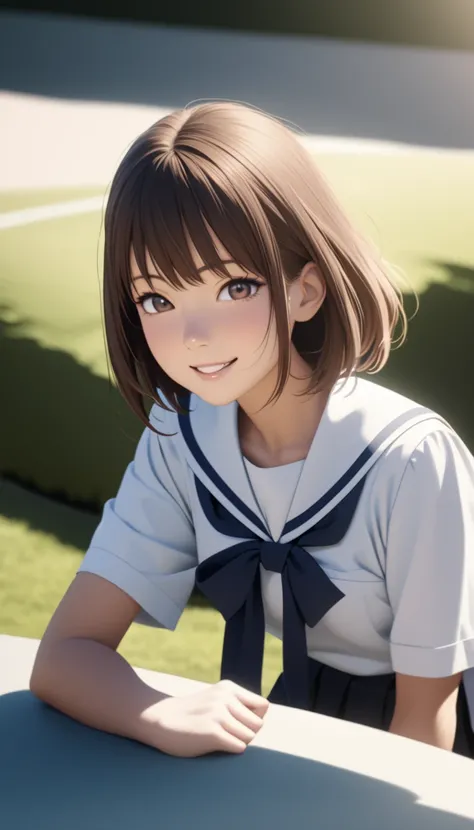 (( top quality)), (( Masterpiece)), (  Details), Japanese high school girl, Mid-20s, smiling brightly, wearing a white sailor-style uniform top with navy blue stripes and a navy blue pleated skirt, short dark brown hair, light skin, seated on a light teal-...