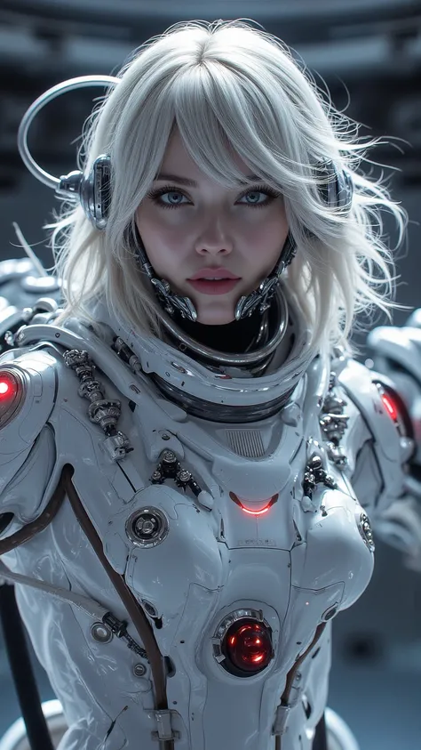 A science fiction image ， A white-haired female astronaut wearing a space suit inside the International Space Station，Skin shiny ， takes suggestive poses ，Smile， creates an emotional, professional lighting atmosphere 。