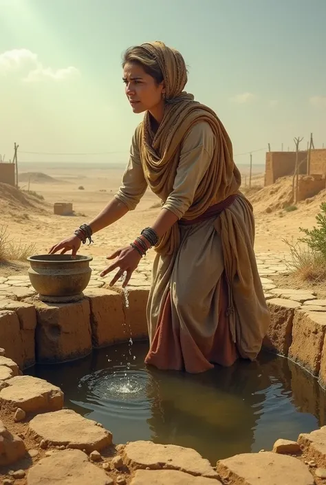 A barren dry landscape in rural pakistan. The sun is scorching, and a woman in a traditional clothing is struggling to fetch a water from dried up well