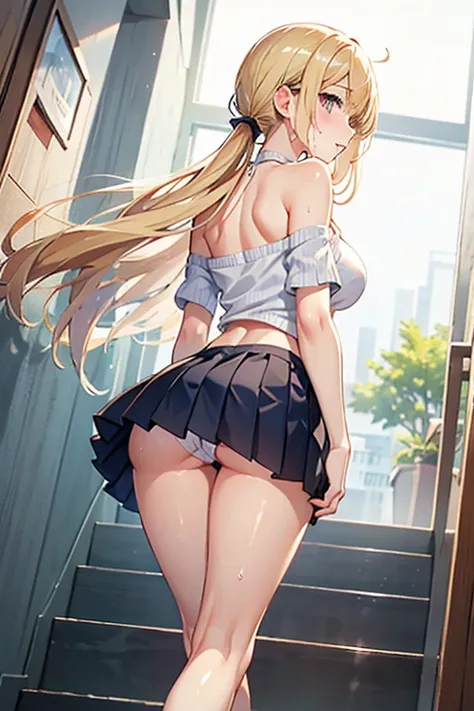  Female High School Student,Climbing the stairs、cute back view 、Ultra thin sexy pleated skirt that sticks to big buttocks, blonde、 twin tails、Strong winds blow from below（Turn over）、Shiny Thighs 、 angle from below、Big Breasts、off-the-shoulder knitted tank ...