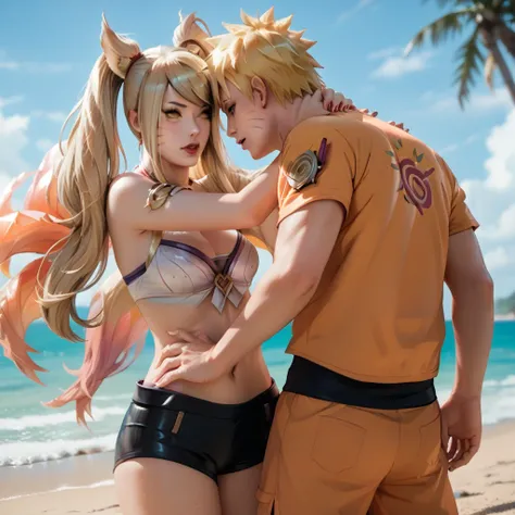 Couple, Hetero, duo focus, 1 boy, naruto uzumaki (NARUTO), beach shorts, BREAK, 1girl, Ahri (LEAGUE OF LEGENDS), ninetails, bikini, beach