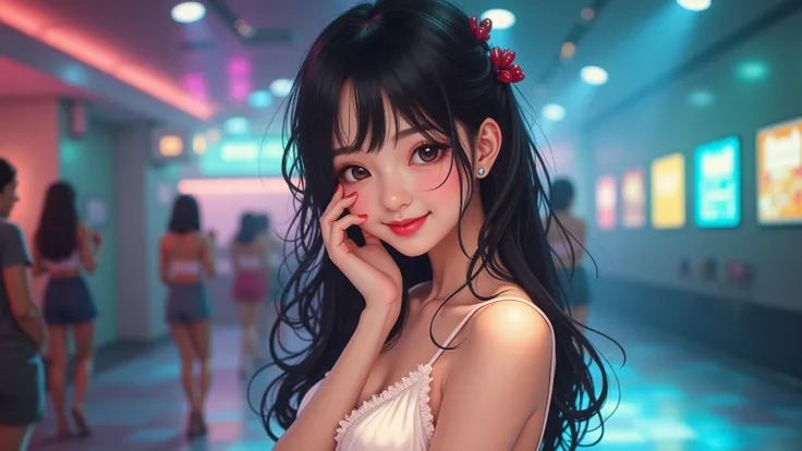 Highest quality, 1 woman, masterpiece, super high resolution, (actual: 1.4), original image, alone, beautiful, touching cheek, wet thick lips, long black hair,
Full body shot of a cute Japanese girl smiling at the camera, wearing summer clothes, stylishly ...