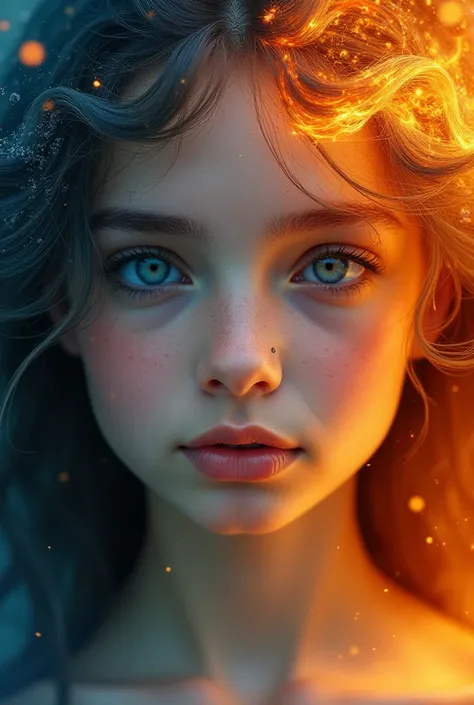 The face of a beautiful girl with symmetrical features ,  half of the hair from the fire the second half of the hair from the water, magic, fantasy, fantasy,  Professional photography, 4K,  high definition ,  high detail ,  bright lighting, Surrealism, 