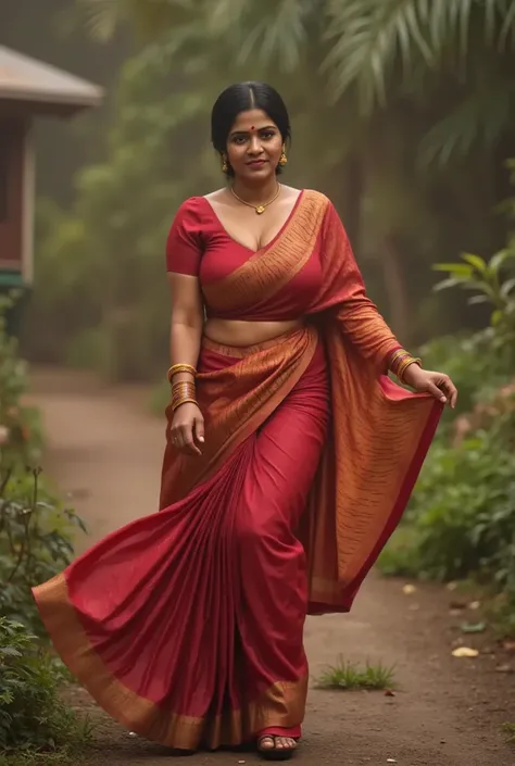 South Indian dusky petite mature women in saree swaying her curves