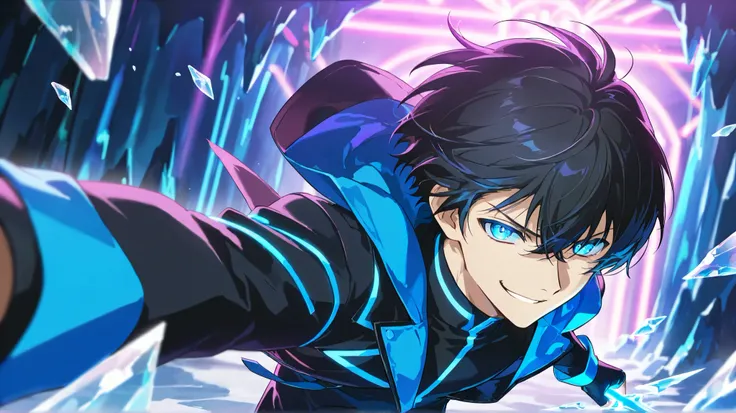 “A young anime-style male character with short black hair and glowing blue eyes. she has a confident smirk and wears a futuristic dark jacket with blue glowing accents. The background is a fantasy-style ice cave, illuminated by neon purple lights and float...