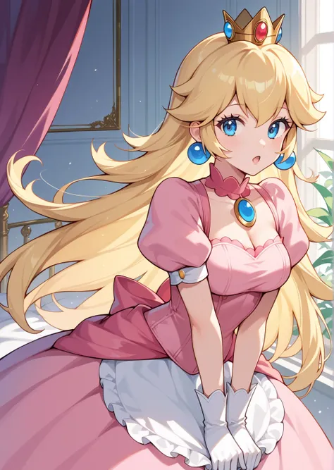 score_9,score_8_up,score_7_up, score_9, score_8_up, score_7_up, source_anime,princesspeach, princess peach, blonde hair, long hair,solo, gloves, pink dress, puffy short sleeves, puffy sleeves, short sleeves, white gloves, bare_arms, opened_mouth, hand_betw...